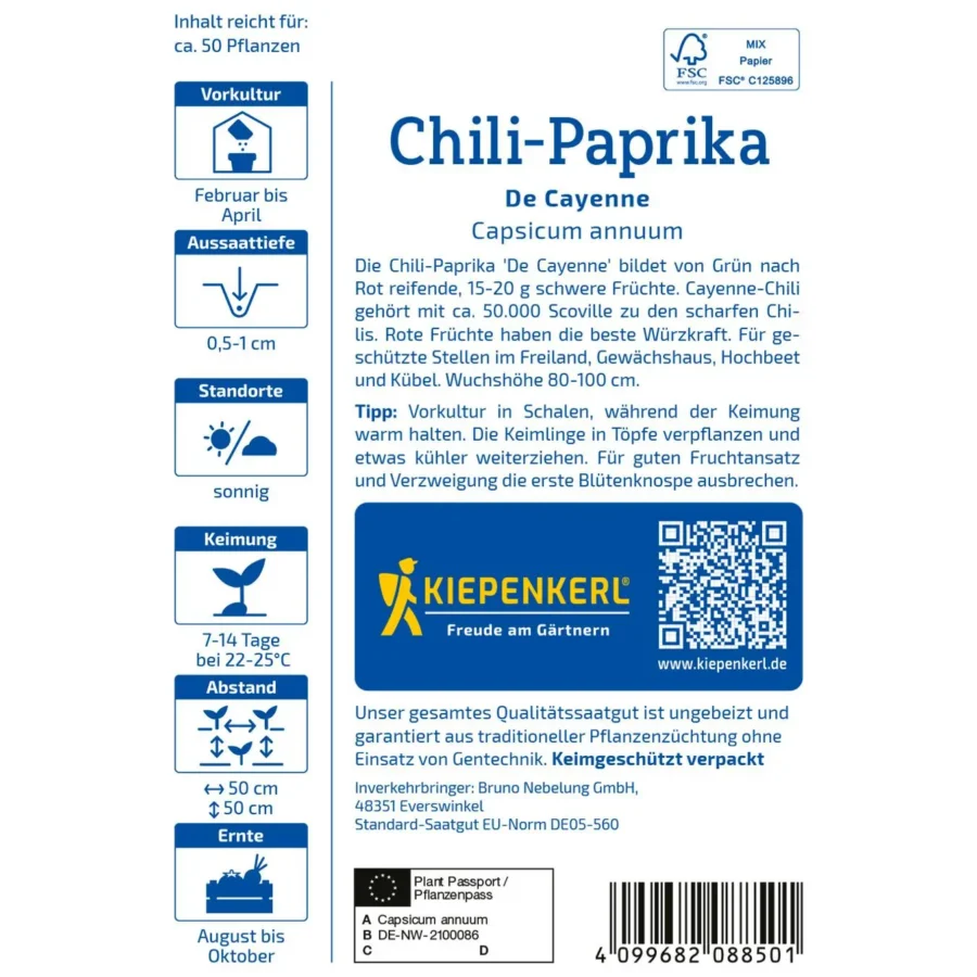 Kiepenkerl Chili Paprika De Cayenne, scharfe rote Schoten, ideal für frische Gerichte und die eigene Anzucht, 5 Samen.