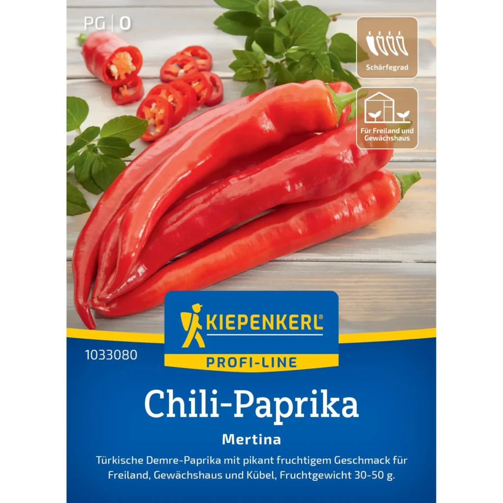 Kiepenkerl Chili Paprika Mertina F1, fruchtige, scharfe Paprika für den Anbau im Garten oder Hochbeet, ideal für feurige Gerichte.