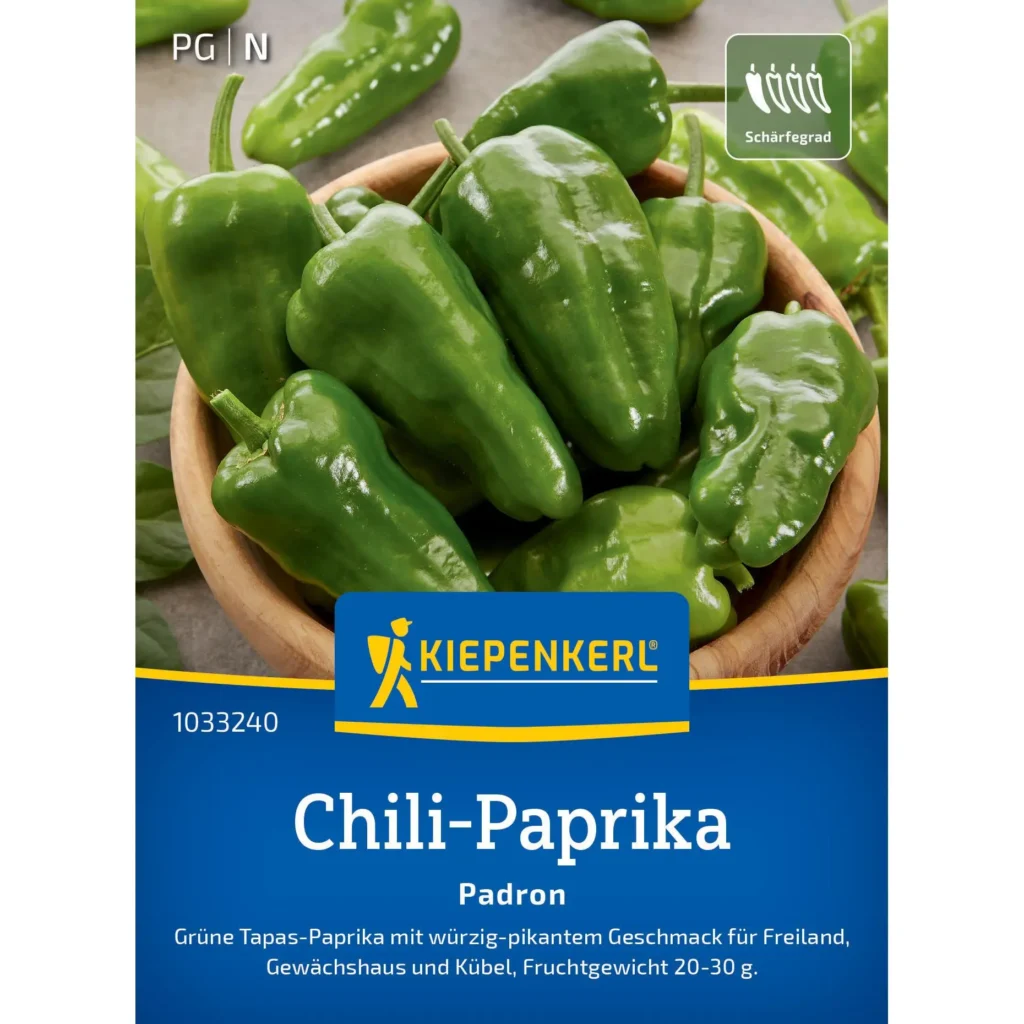 Kiepenkerl Chili Paprika Padron, aromatisch und fruchtig, ideal für mediterrane Gerichte, Samenpaket mit 10 Samen.