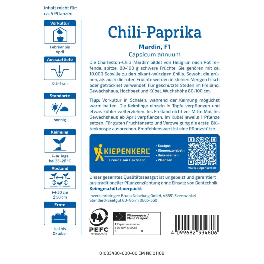 Kiepenkerl Chili-Paprikasamen Mardin, scharfe, aromatische Sorte, ideal für Balkon & Terrasse, 10 Samen pro Packung.