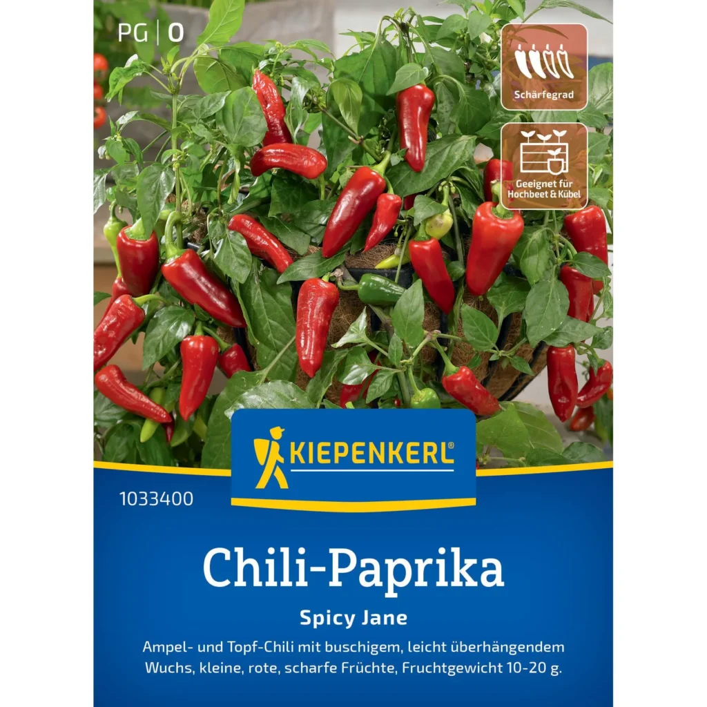 Kiepenkerl Chili-Paprikasamen Spicy Jane, scharfe Sorte für aromatische Gerichte, ideal für Balkon- und Gartenanbau.
