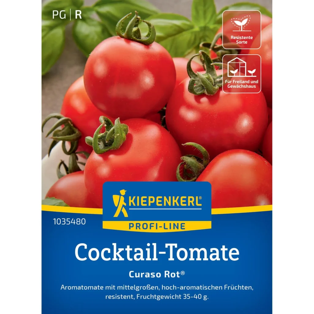 Kiepenkerl Cocktail-Tomate Curaso Rot® F1, aromatisch und fruchtig, ideal für Balkon und Terrasse, wächst kompakt in Töpfen.