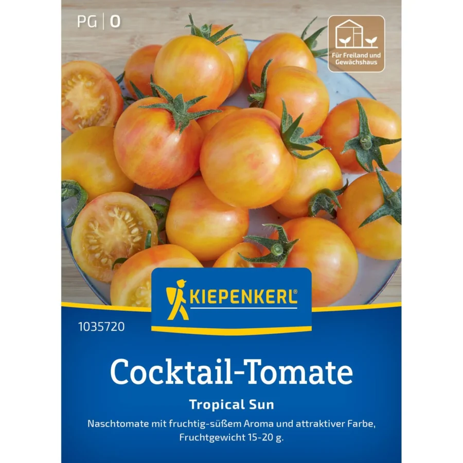 Kiepenkerl Cocktail-Tomatensamen Tropical Sun, fruchtige, süße Cherry-Tomaten für sonnige Balkone, ideal für den Anbau im Topf.