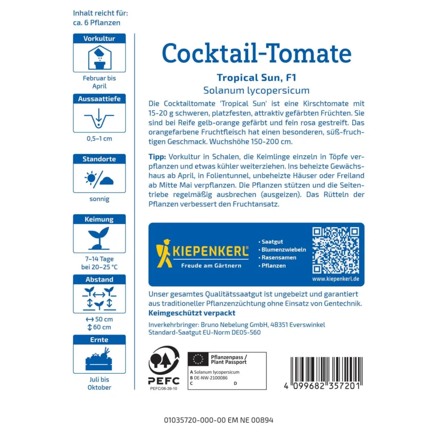 Kiepenkerl Cocktail-Tomatensamen Tropical Sun, ertragreiche Sorten für fruchtige, süße Tomaten, perfekt für Balkon und Terrasse.
