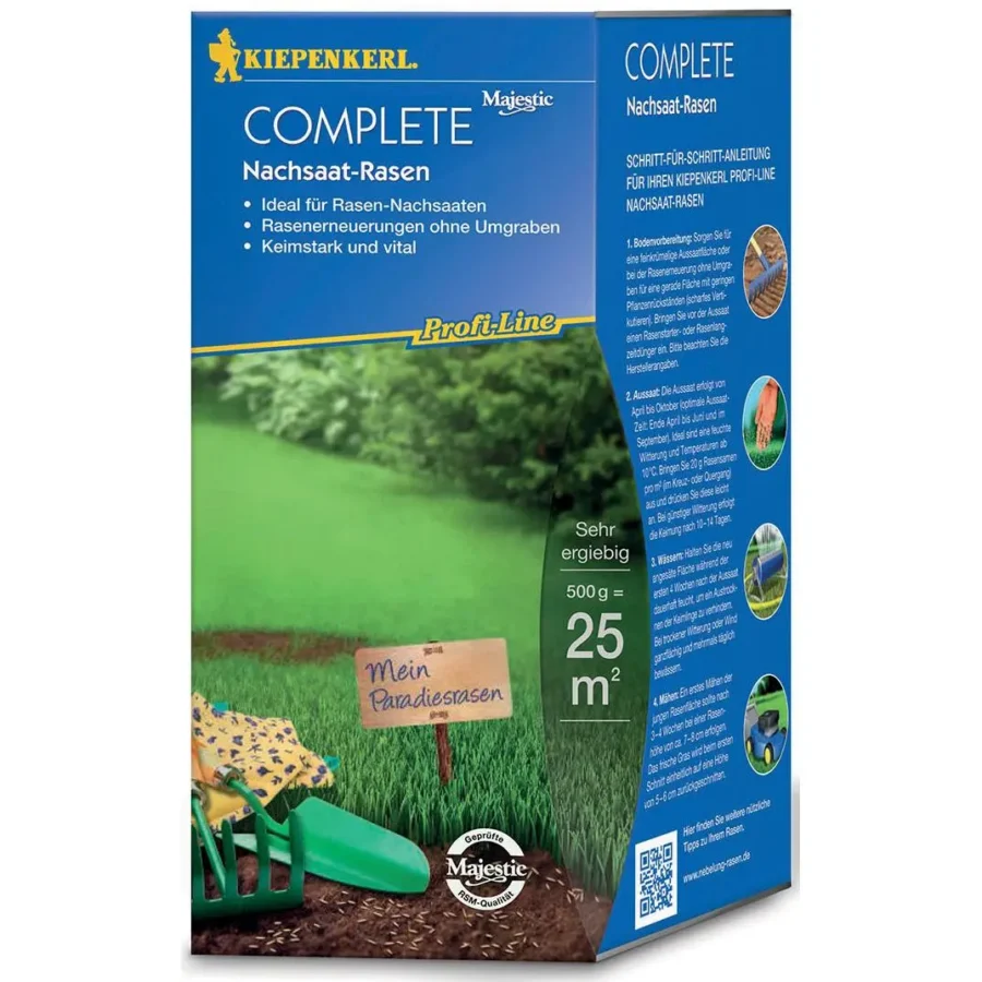 Kiepenkerl Complete Nachsaat-Rasensamen, 0,5 kg, ideal für dichteres, grünes Gras im Garten.