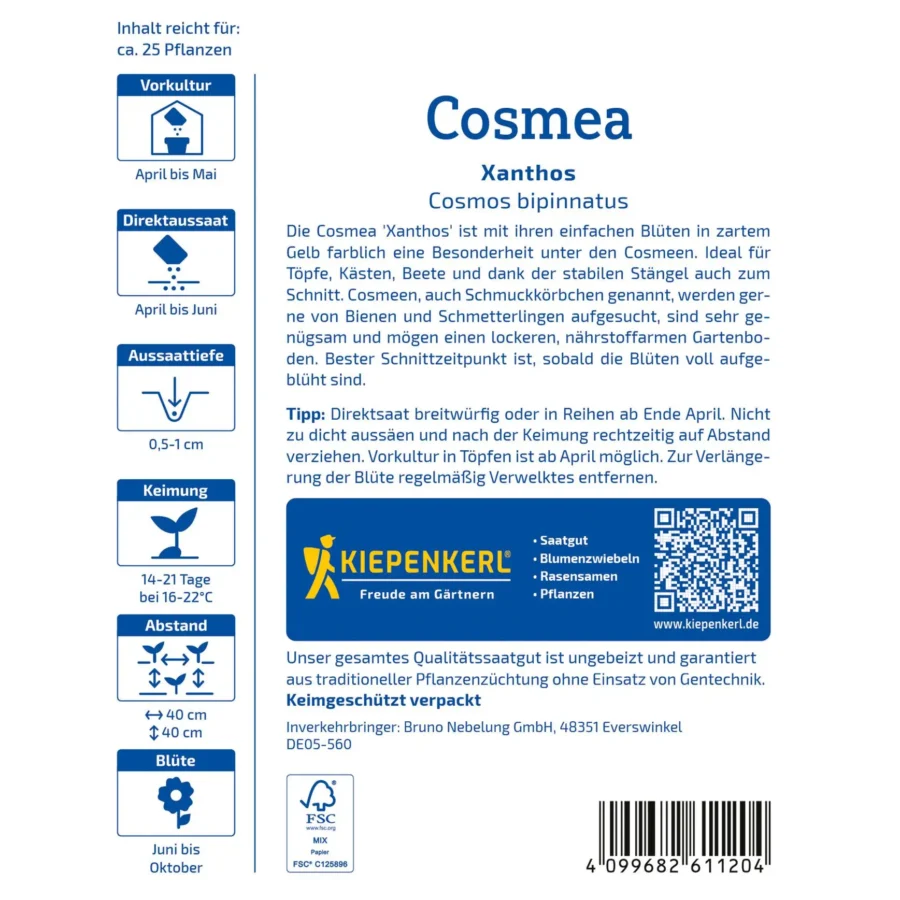 Kiepenkerl-Cosmossamen Xanthos, leuchtend gelbe Blütenpracht, ideal für bienenfreundliche Gärten, 5 Gramm.