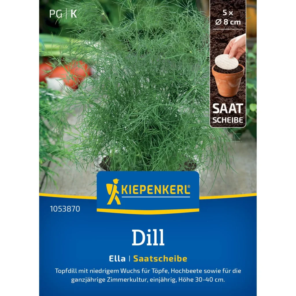 Kiepenkerl Dill Ella Saatscheibe für aromatischen Dill, einfach zu pflanzen, ideal für Kräutergärten und Balkonkästen.