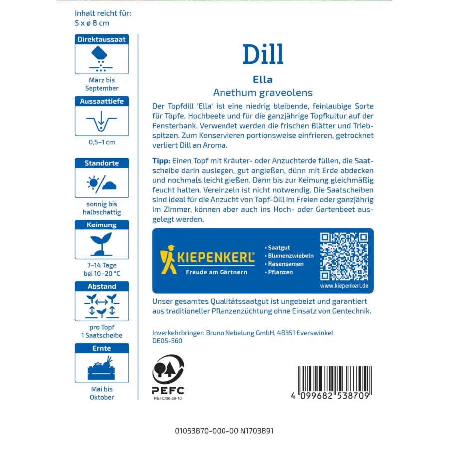 Kiepenkerl Dill-Ella Saatscheibe, perfekt für aromatische Kräutergärten, enthält hochwertige Samen für üppigen Dillwuchs.
