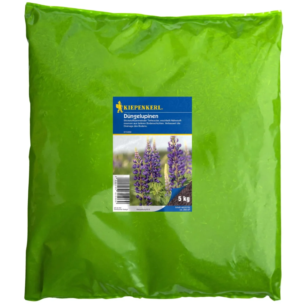 Kiepenkerl Dünger-Lupine 5 kg, natürlichen Nährstofflieferant für gesunde Pflanzen, fördert das Wachstum und verbessert die Bodenqualität.