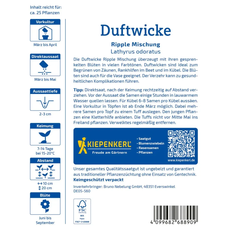 Kiepenkerl Duftwickensamen Ripple-Mischung für duftende Gärten, 4 Sorten, ideal für die Balkonbepflanzung.