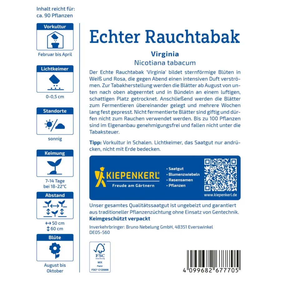 Kiepenkerl Echter Rauchtabaksamen Virginia, ideal für Genussraucher, aromatische Blätter, 100% natürliche Samenqualität.