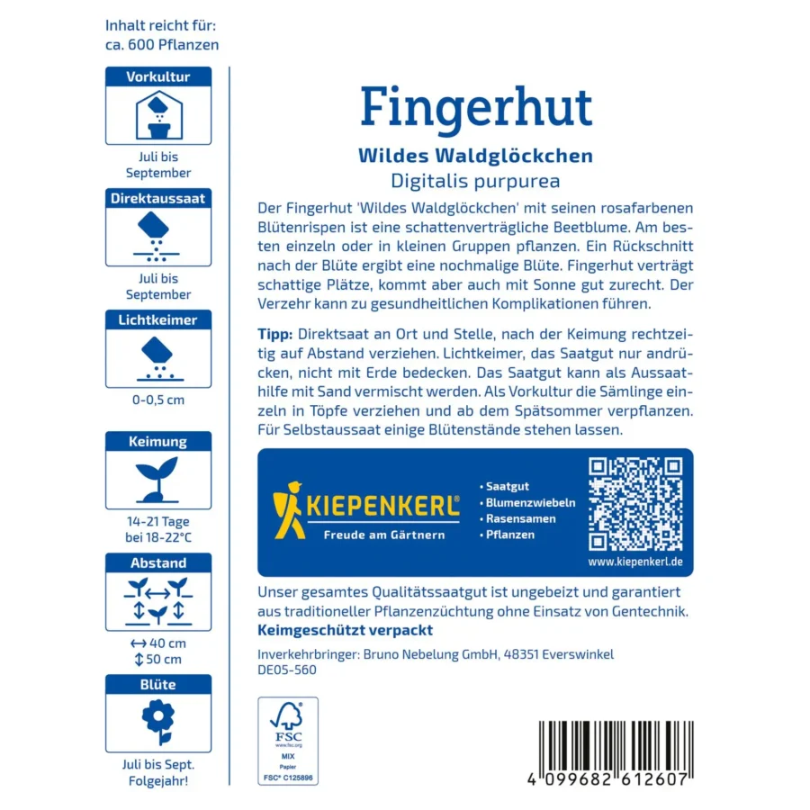 Kiepenkerl Fingerhutsamen für Wilde Waldglöckchen, ausgezeichnet für dekorative Gärten, blühend in zarten Violett- und Purpurtönen.