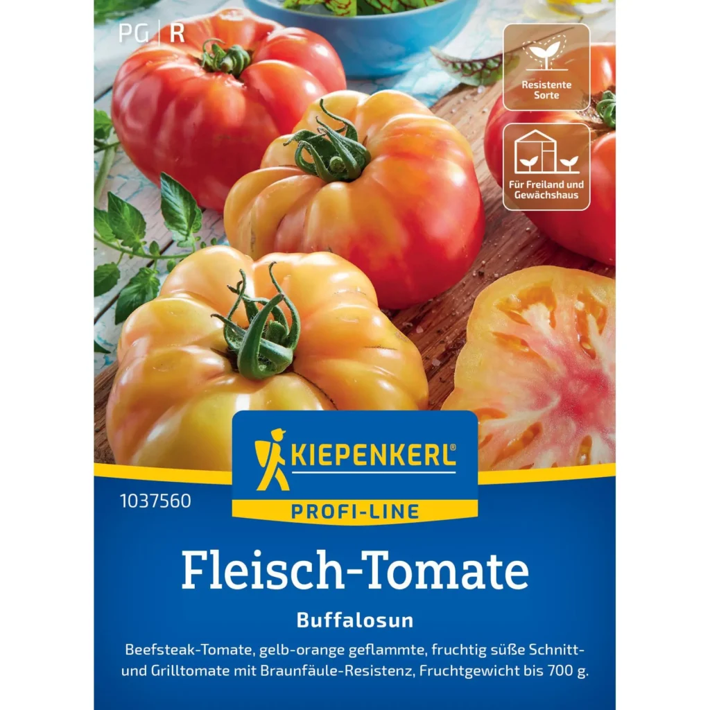 Kiepenkerl Fleisch-Tomate Buffalosun F1, saftige, großfrüchtige Tomatenpflanze, ideal für Balkon und Garten, robust und ertragreich.