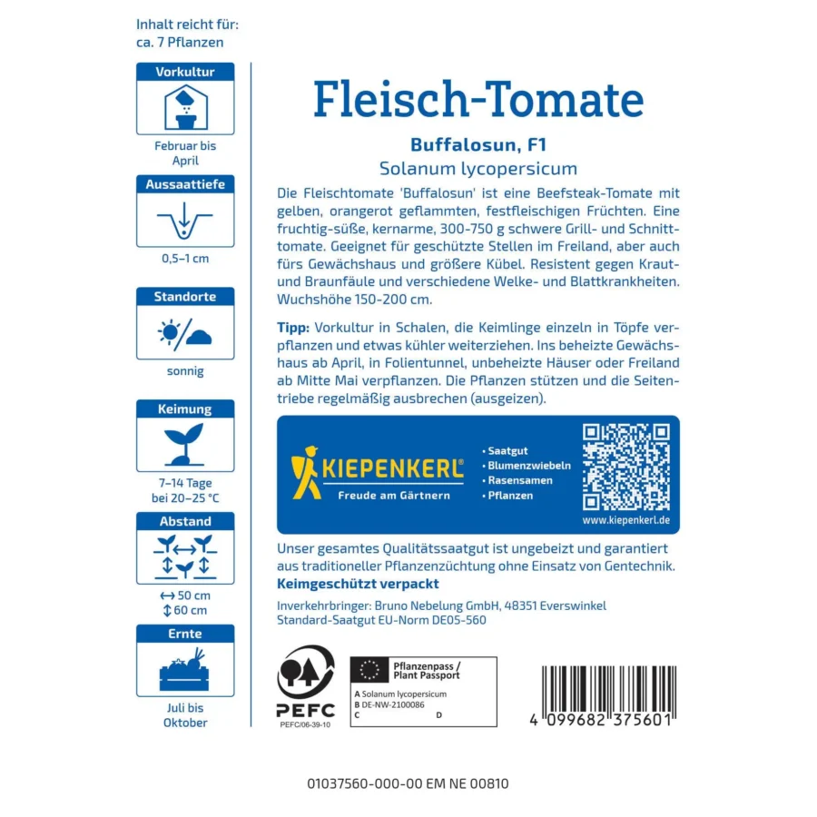Kiepenkerl Fleisch-Tomate Buffalosun F1, saftige, rote Früchte, ideal für mediterrane Gerichte, robust und ertragreich.