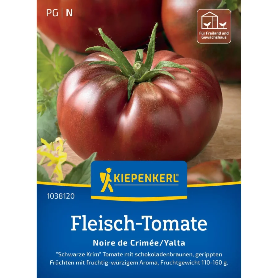 Kiepenkerl Fleisch-Tomate Noire de Crimée, saftige und aromatische Tomate, ideal für frische Salate und Saucen, robust und ertragreich.