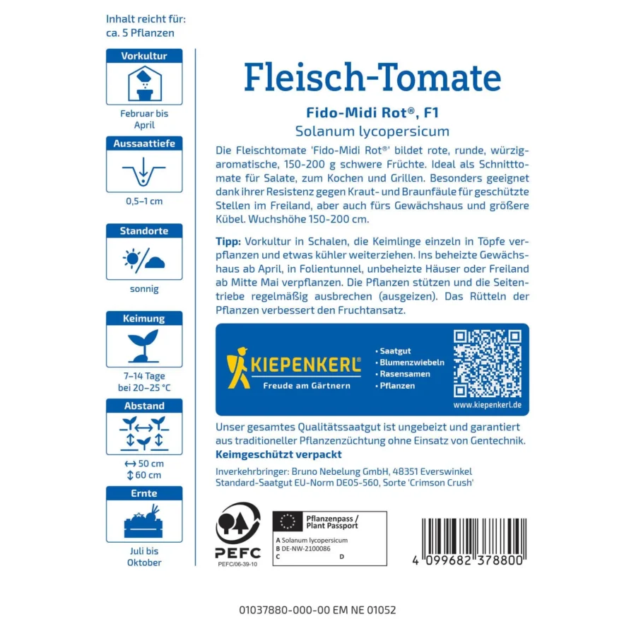 Kiepenkerl Fleisch-Tomatensamen Fido Midi Rot®, ertragreich, ideal für den Anbau im Garten oder Gewächshaus, geschmackvoll & robust.
