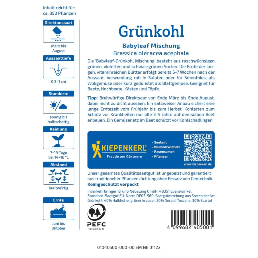 Kiepenkerl Grünkohlsamen Babyleaf-Mischung, ideal für gesundes, vitaminreiches Blattgemüse, leicht anzubauen, 2 g.