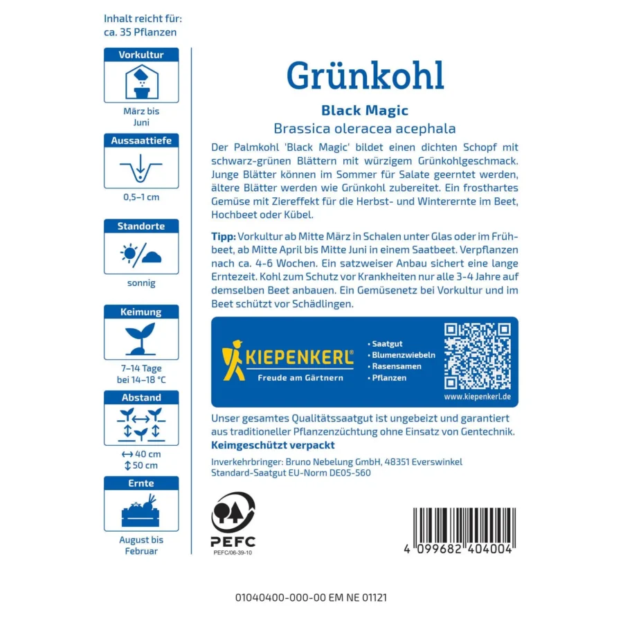 Kiepenkerl Grünkohlsamen Black Magic, ertragreiche Sorte für schmackhaften Grünkohl, ideal für Garten und Balkon, Inhalt: 100 Samen.