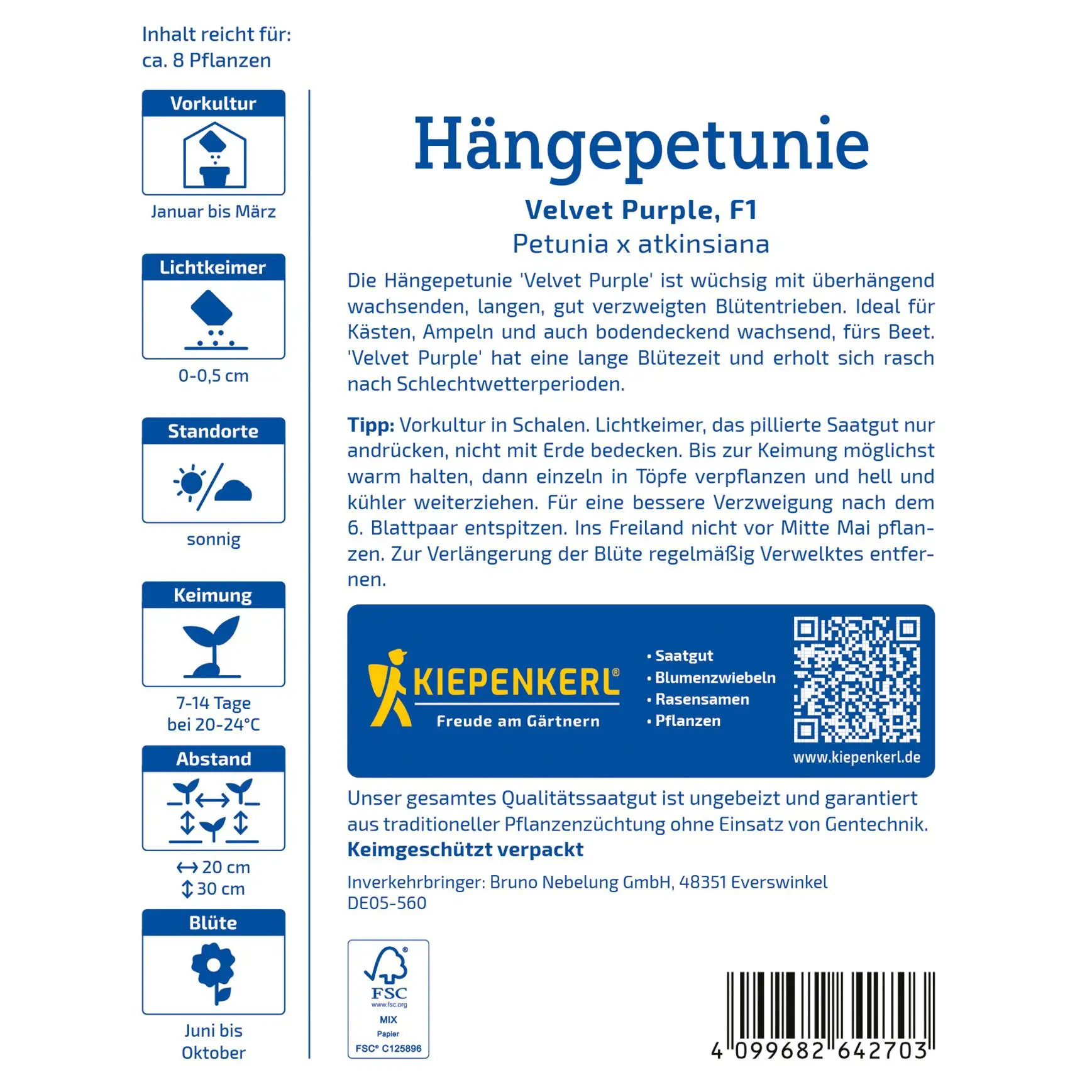 Hängepetuniensamen Velvet Purple 2 Kiepenkerl Hängepetuniensamen Velvet Purple, farbenfrohe Balkonblume, ideal für hängende Kästen oder Ampeln, blühend von Frühjahr bis Herbst.