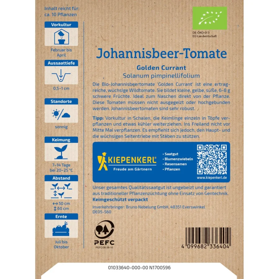 Kiepenkerl Johannisbeer-Tomatensamen Golden Currant, leckerfruchtig, ideal für Balkone und Garten, optimale Ernte in sonnigen Lagen.