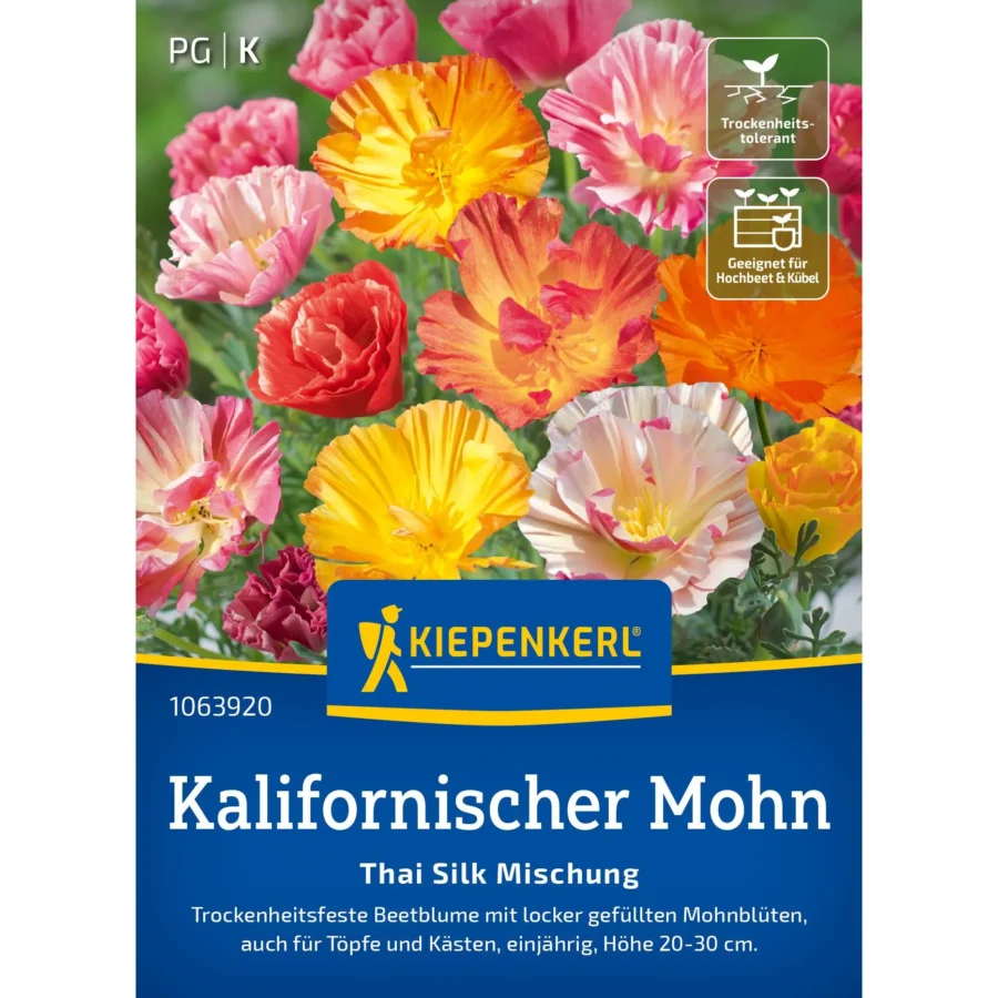 Kiepenkerl Kalifornischer Mohn Thai Silk Mischung, leuchtende Farben, ideal für bunte Gartenakzente und bienenfreundliche Flächen.