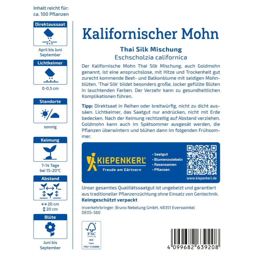 Kiepenkerl Kalifornischer Mohn Thai-Silk Mischung, lebendige Farbtöne, ideal für bezaubernde Gartenbeete, 1 Portion für blühende Akzente.
