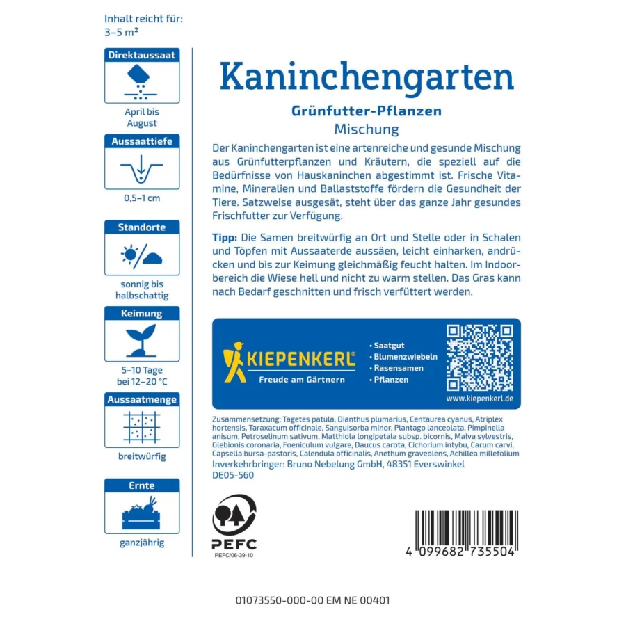 Kiepenkerl Kaninchengartensamen Grünfutter-Mischung für gesunde Kaninchen, nährstoffreich und vielseitig, 500g.