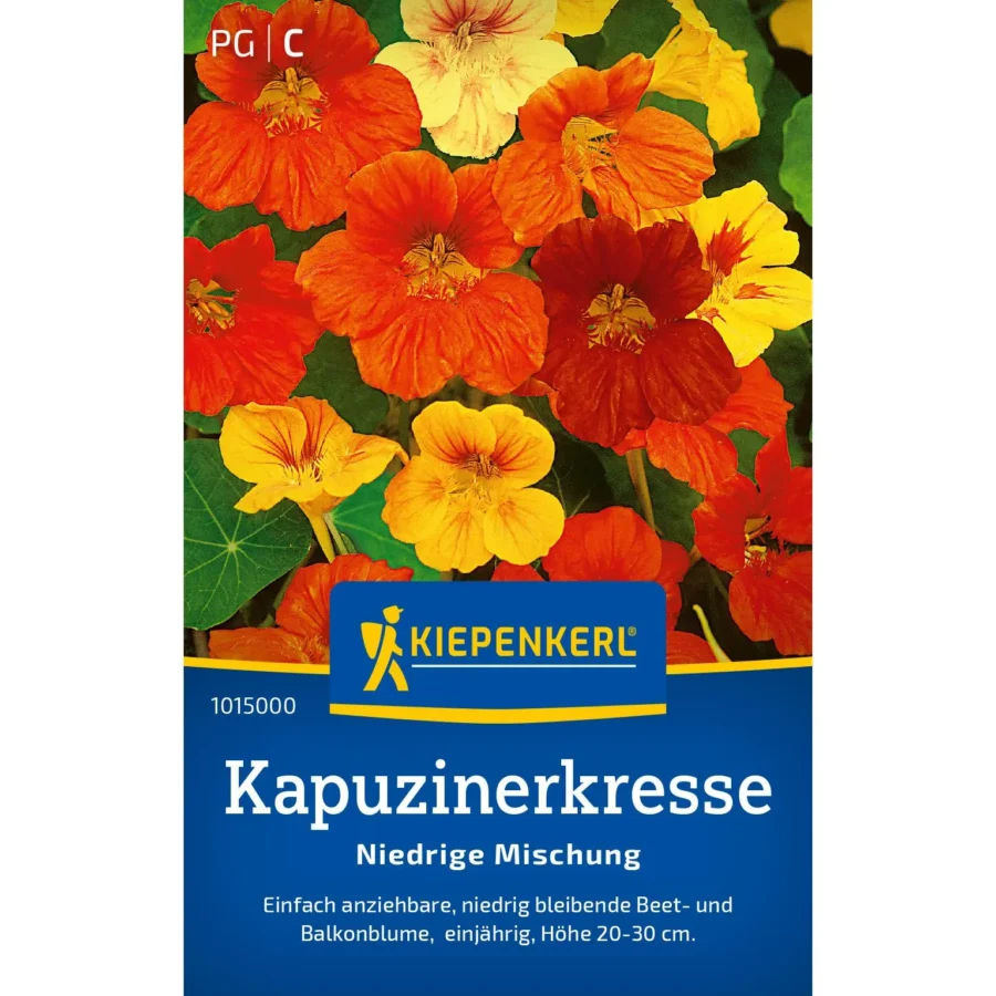 Kiepenkerl Kapuzinerkresse Niedrige Mischung, bunte Blüten, ideal für reizvolle Balkonbegrünung und essbare Gartenakzente.