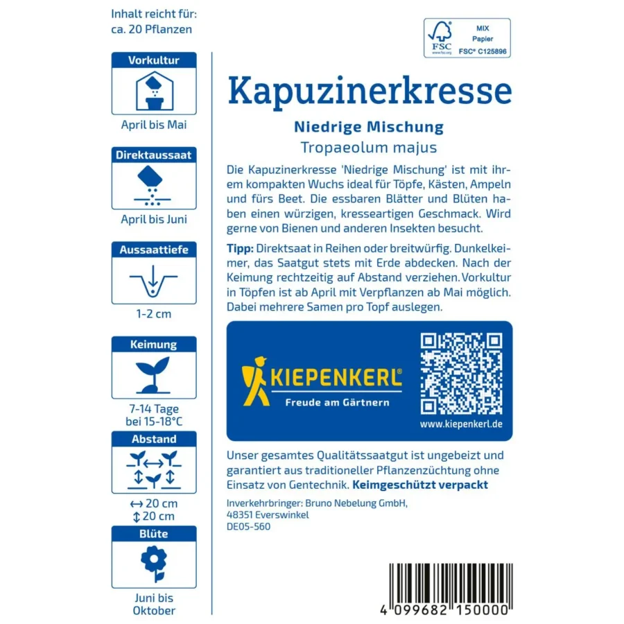 Kiepenkerl Kapuzinerkresse Niedrige Mischung, bunte Blumenpracht, ideal für Beete und Kübel, attraktives Blütenarrangement, 100% biologisch.