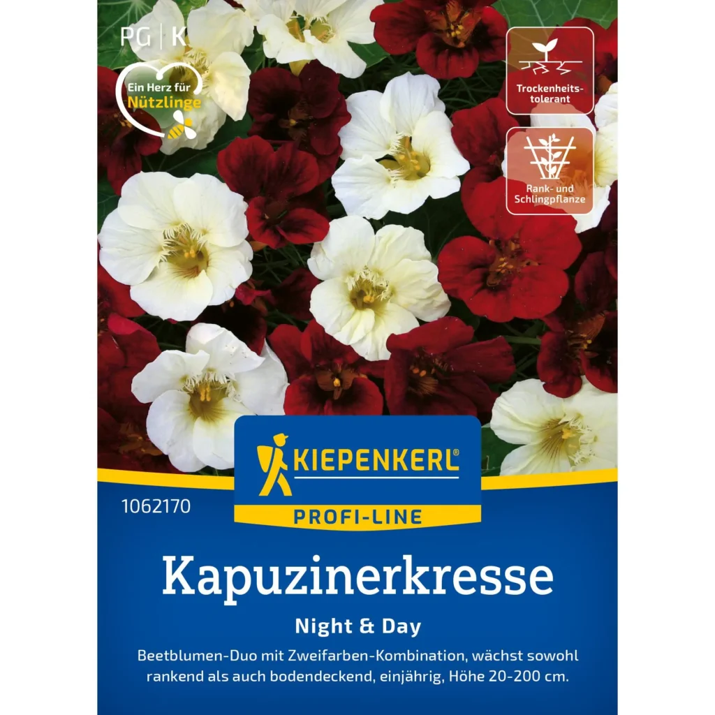 Kiepenkerl-Kapuzinerkresse Night & Day, blühende Mischung in leuchtendem Orange und Gelb, ideal für kreative Gartengestaltung.