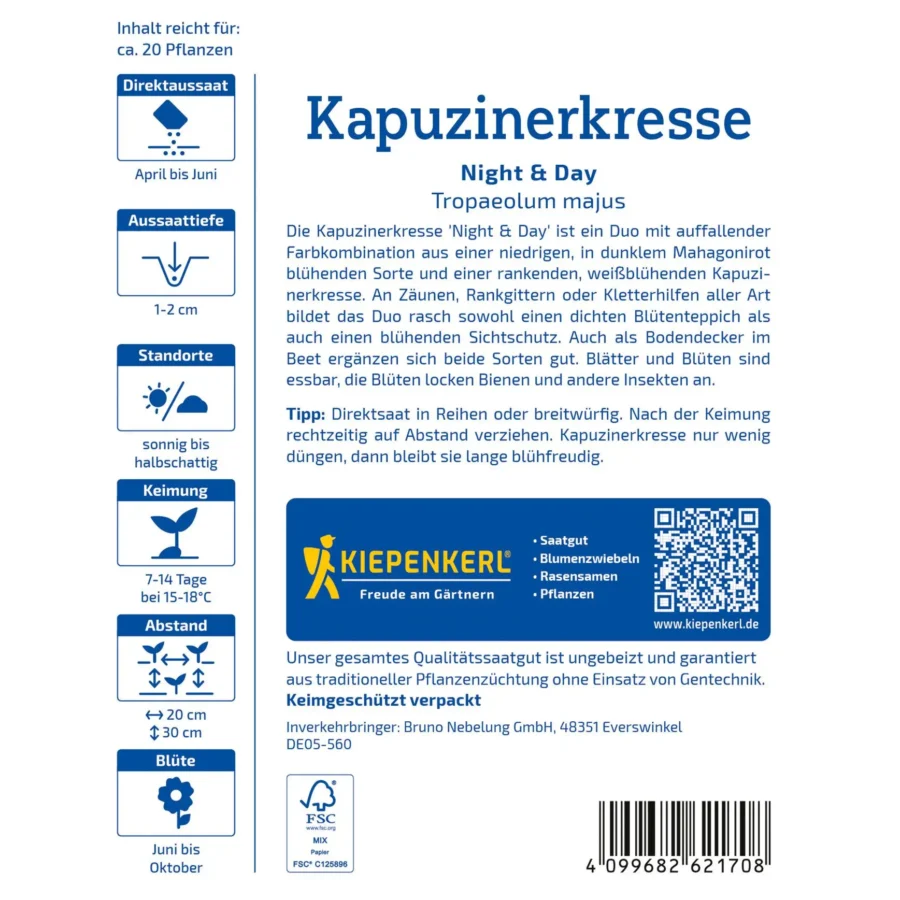 Kiepenkerl-Kapuzinerkresse Night & Day, farbenfrohe Mischung für Garten & Balkon, blühend von Frühjahr bis Herbst, 100% biologisch.