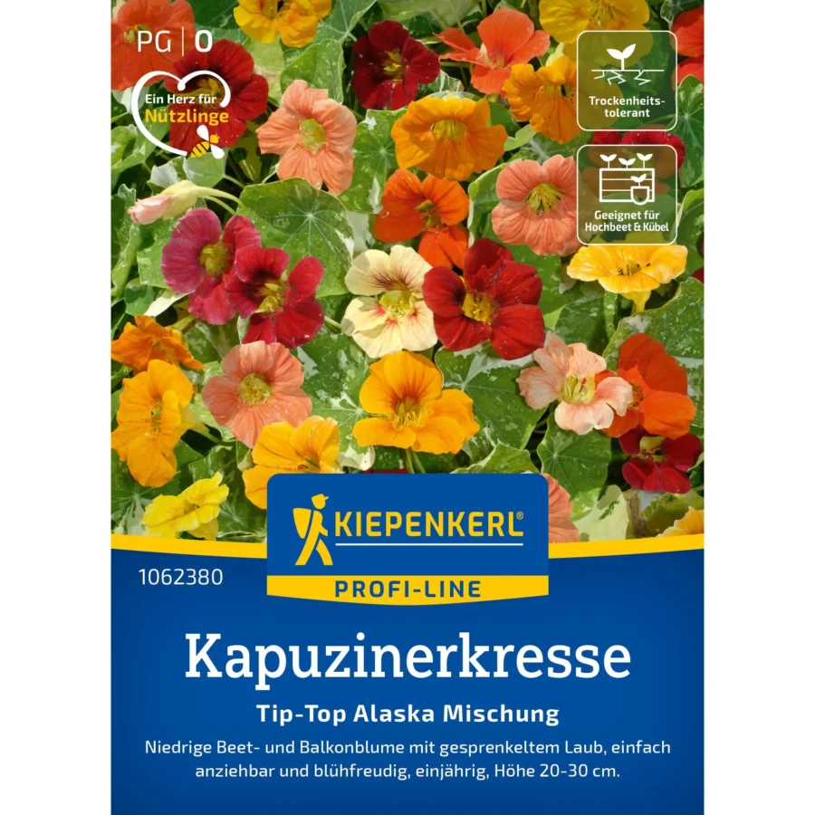 Kapuzinerkresse Tip Top Alaska Mischung, farbenfrohe Blüten, ideal für bunte Gartenbeete und essbare Dekoration.