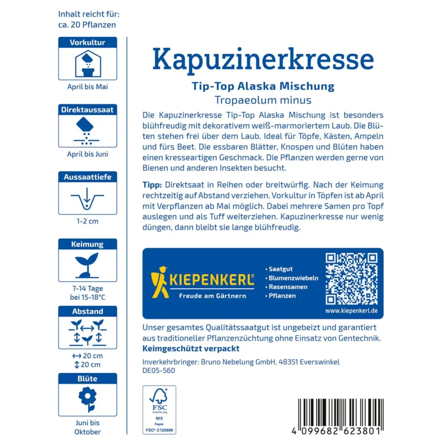 Kiepenkerl Kapuzinerkresse Tip Top Alaska Mischung, bunte Blüten, ideal für Küchengärten und Balkonpflanzen, hohe Erträge.