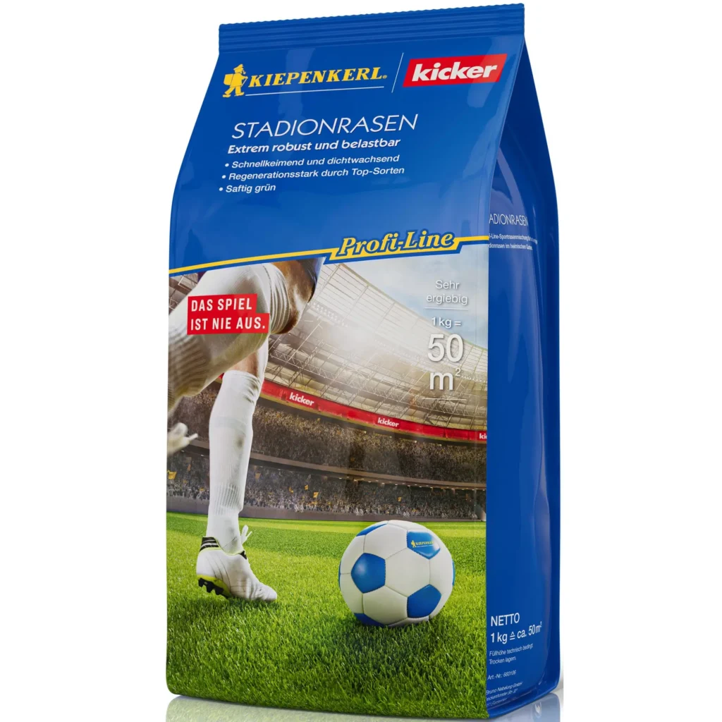 Kiepenkerl-Kicker Stadionrasen, 1 kg, ideal für strapazierfähige und grüne Rasenflächen im Garten oder auf dem Fußballplatz.