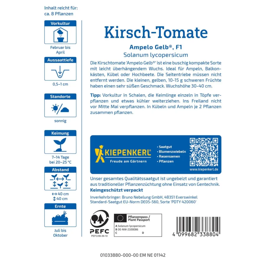 Kiepenkerl Kirsch-Tomate Ampelo Gelb® F1, süße, aromatische Snack-Tomaten, ideal für Balkone und kleine Gärten, 100% bio.