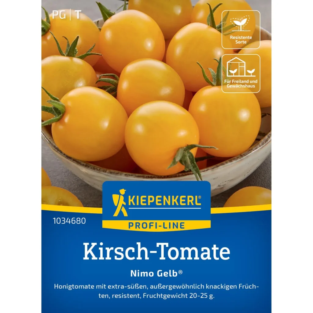 Kiepenkerl Kirsch-Tomate Nimo Gelb® F1, aromatische Sorten für Balkon & Garten, sonnige gelbe Früchte, perfekte Ernte für frische Salate.
