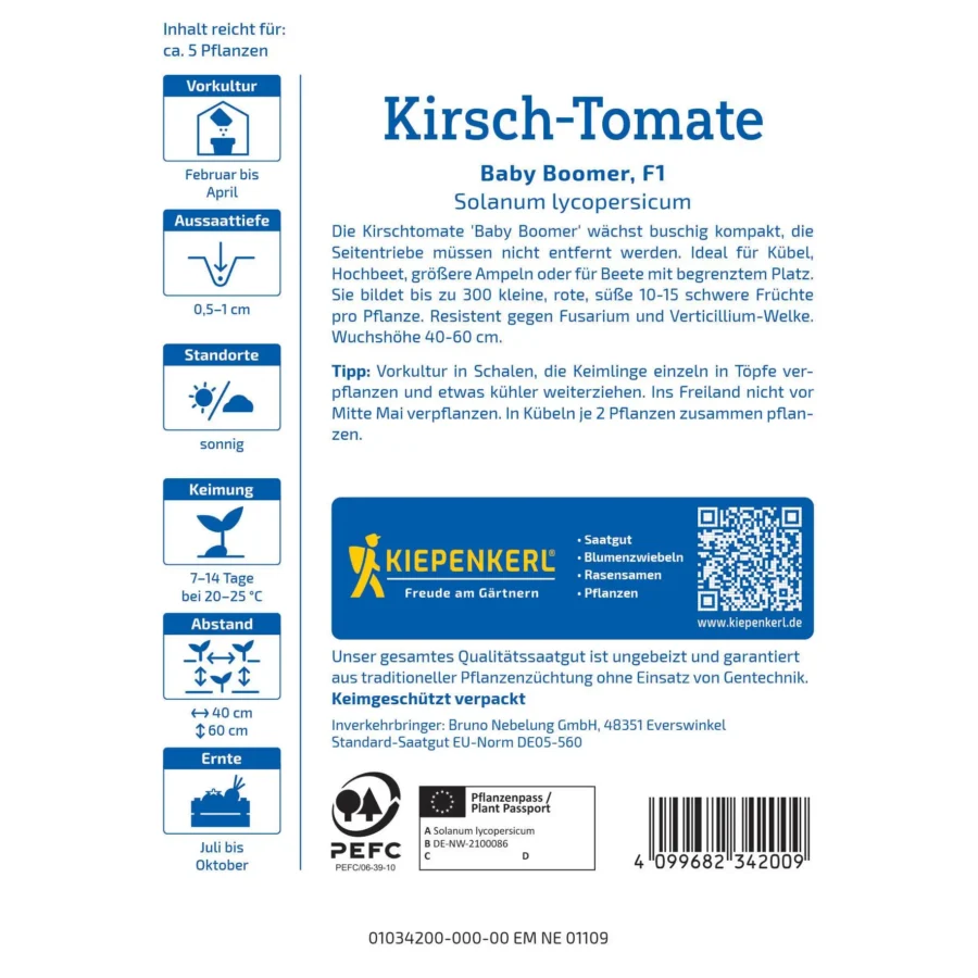 Kiepenkerl Kirsch- Tomatensamen Baby Boomer, hochertragreich, perfekt für Balkon und Garten, fruchtig-süße Tomaten, ideale Pflanzzeit in Töpfen oder Beeten.