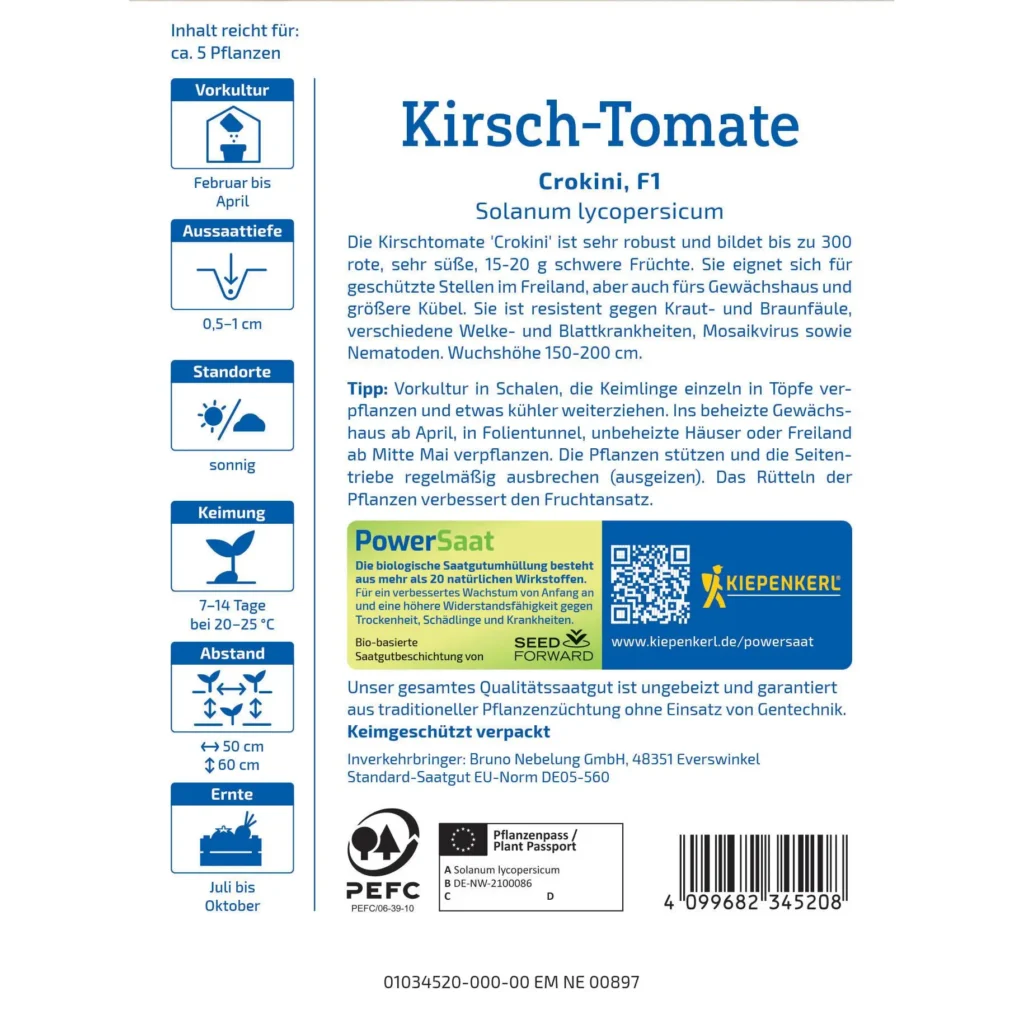 Kiepenkerl Kirsch-Tomatensamen Crokini, ertragreich und bestens für Balkon und Garten geeignet, für süße, saftige Tomaten im eigenen Anbau.