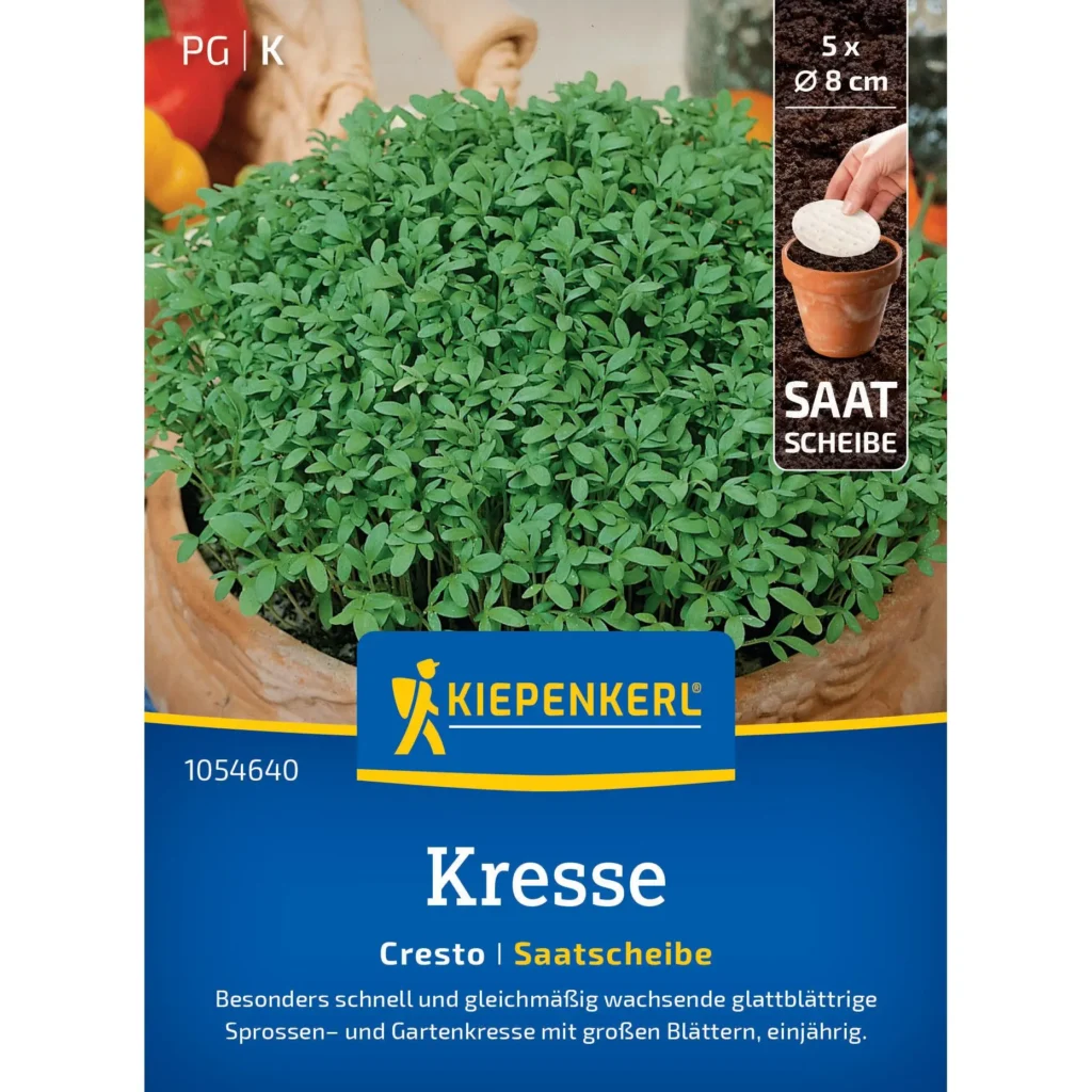 Kresse Cresto Saatscheibe von Kiepenkerl, ideal für schnelle Ernte, 100% biologisch, perfekt für Balkon und Garten.