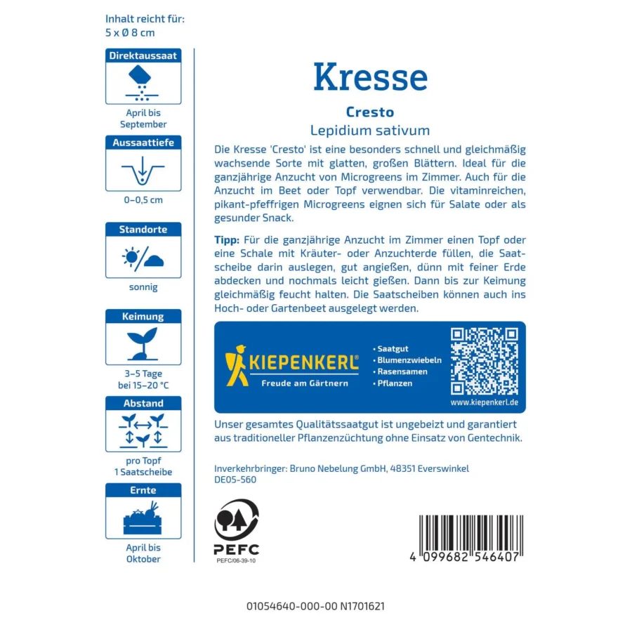 Kresse Cresto Saatscheibe von Kiepenkerl, selbstbewässernd, ideal für gesundes Wachstum, 10 x 10 cm.