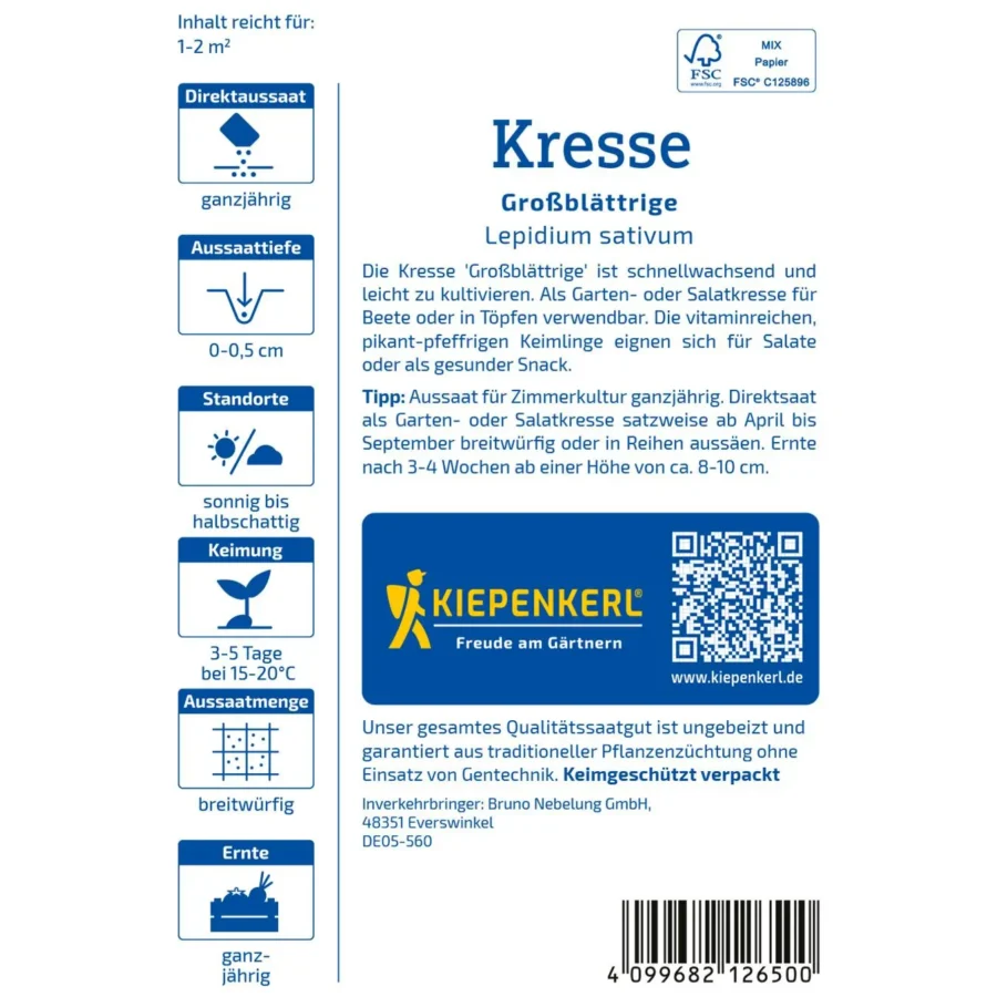 Kiepenkerl Kresse Glatte, großblättrige Saatgutpackung, perfekt für den Anbau frischer, aromatischer Kresse im eigenen Garten oder auf dem Balkon.