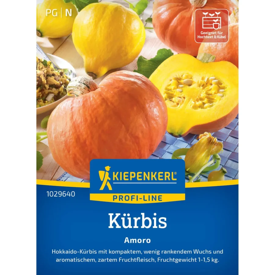 Kiepenkerl Kürbis Amoro F1, widerstandsfähige Sorte mit hohem Ertrag, ideal für Ihre Gartenproduktion.