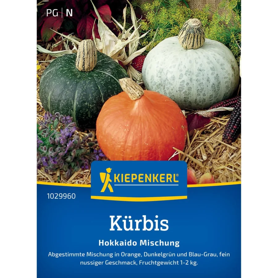 Kiepenkerl Hokkaido-Kürbismischung, 12 hochwertige Samen, ideal für aromatische Herbstgerichte und einfacher Anbau im Garten.