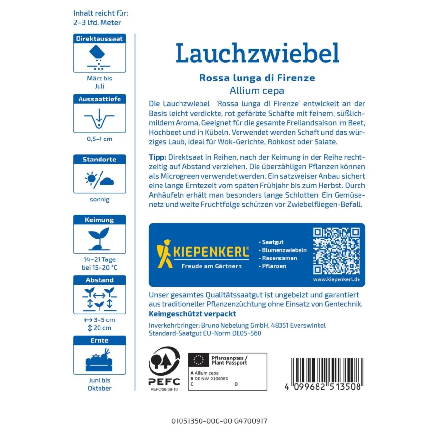 Kiepenkerl Lauchzwiebel Rossa Lunga di Firenze, aromatisch & robust, ideal für frische Salate, 500 Samen für gesunde Ernten.