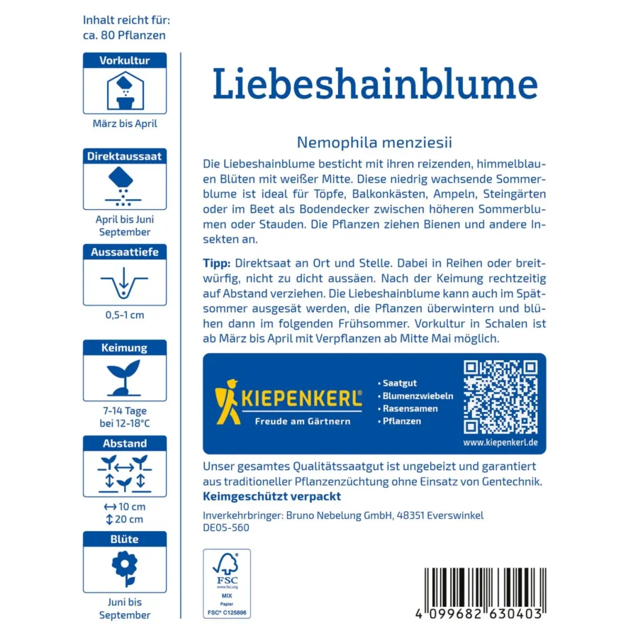 Blaue Nemophila-Samen von Kiepenkerl, ideal für bunte Blumenbeete, blühen reichlich und ziehen Bienen an, 0,5 g.