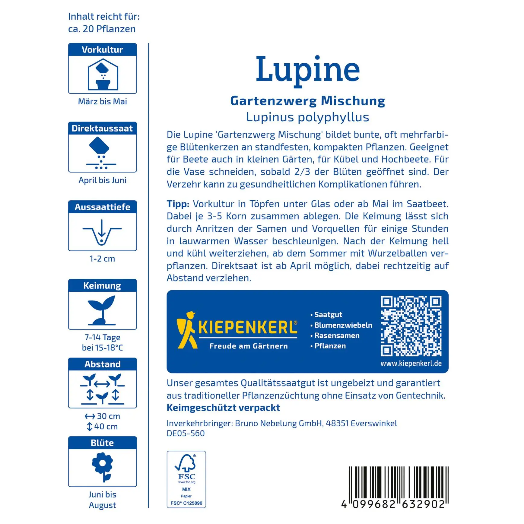 Lupinensamen Gartenzwerg Mischung 2 Kiepenkerl Lupine Gartenzwerg Mischung, bunt blühend, ideal für kleine Gärten und Zwerggärten, robust und pflegeleicht.