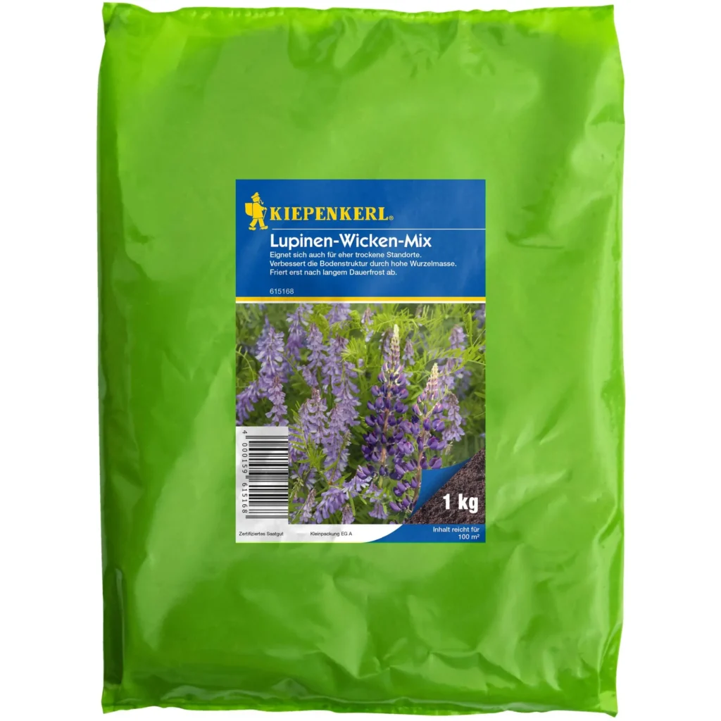 Kiepenkerl Lupinen-Wicken-Mix, 1 kg, ideal für bunten Garten und nährstoffreiche Böden, fördert gesunde Pflanzenvielfalt.