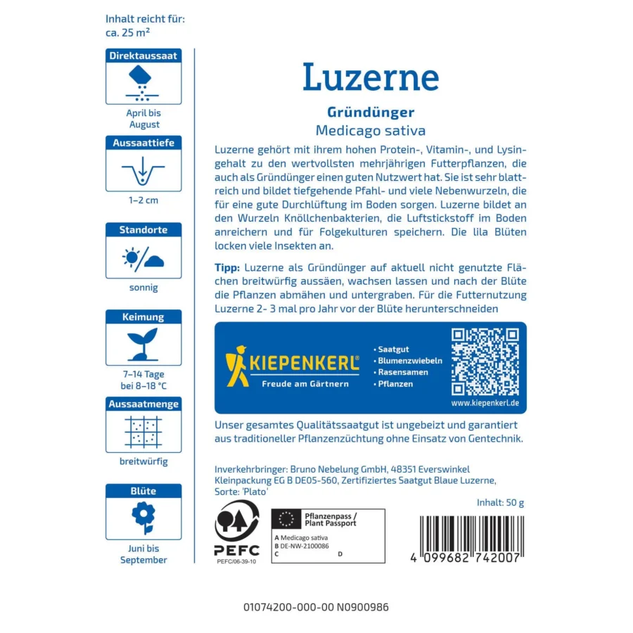 Kiepenkerl Luzernensamen Alfalfa, reich an Nährstoffen, ideal für gesunde Mikrogrün-Anzucht, 150 Gramm.