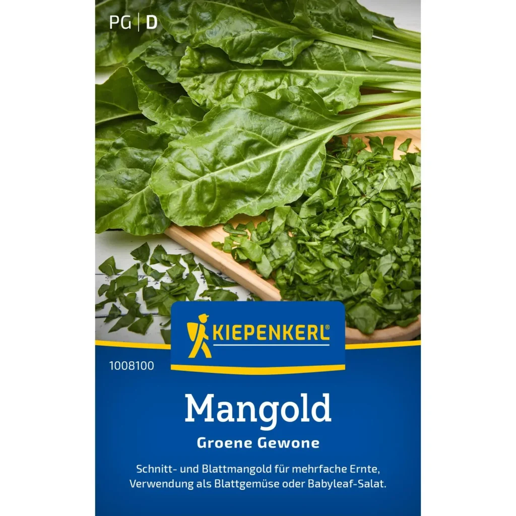 Kiepenkerl Mangold 'Groene Gewone', aromatische, robuste Sorte, ideal für frische Salate, in praktischen 1,5 g Saatgutpaketen.