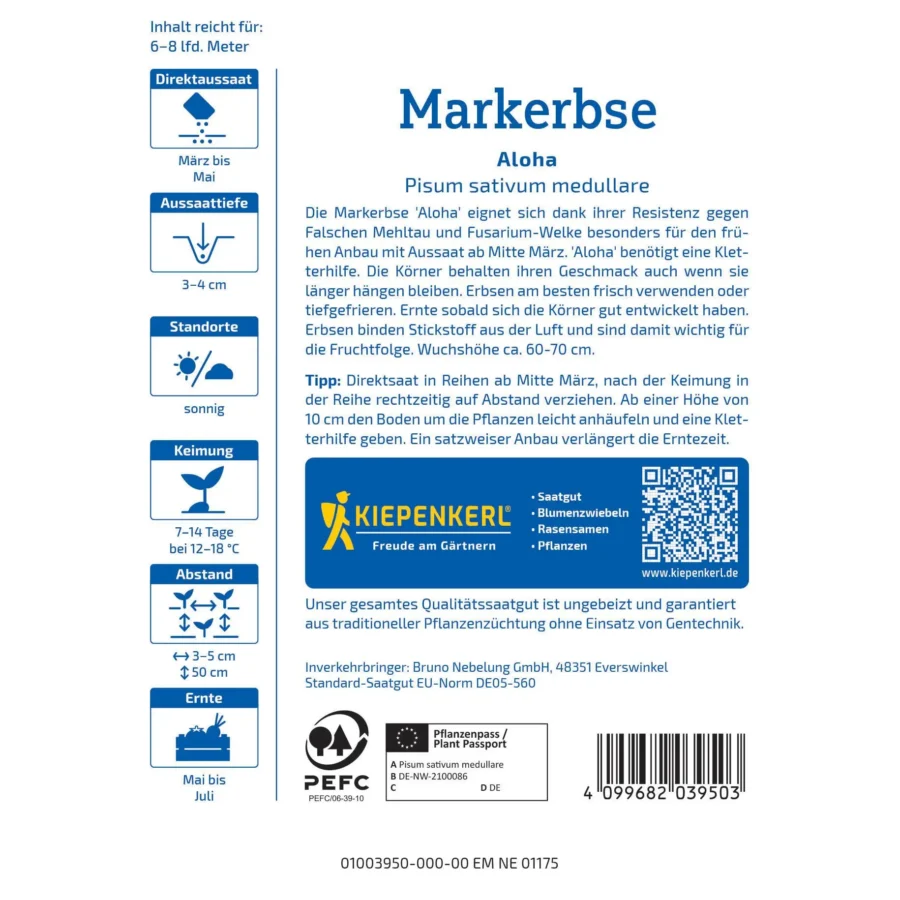 Kiepenkerl Markerbse Aloha, besonders ertragreiche Sorte für leckere Erbsen, ideal für den heimischen Garten, 500 g.